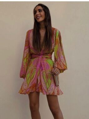 Zara Pink & Green Paisley Tie-Front Mini Dress